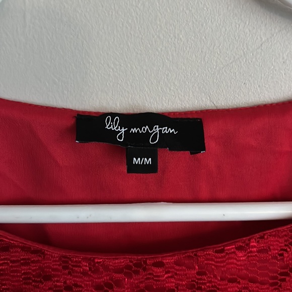 3/$40 Size Medium Lily Morgan Red Lace Overlay long sleeve Blouse - Picture 3 of 6